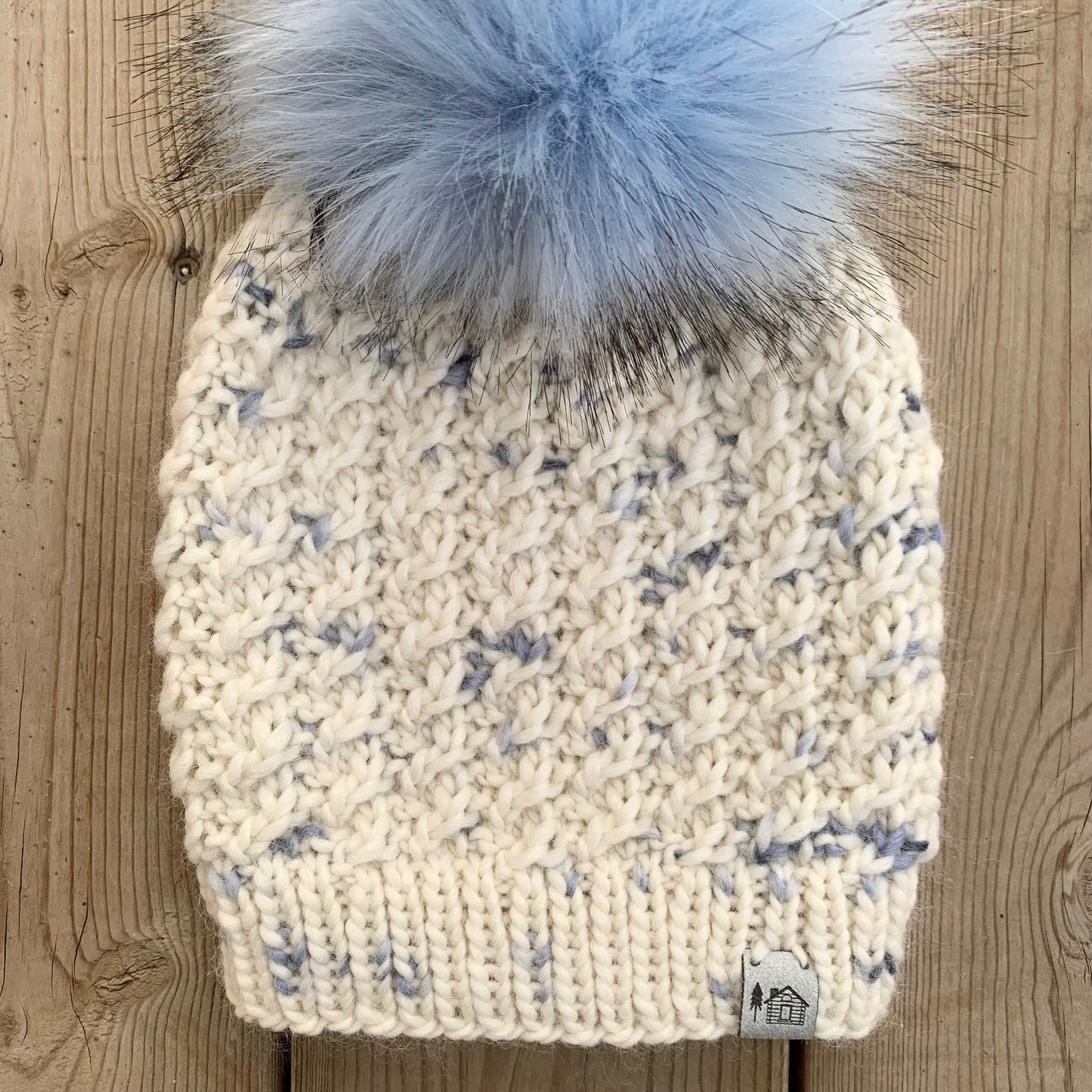 Adult Handknit Wool Hat |  White | Blue | Toque | Beanie