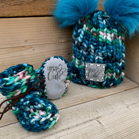 Baby Handknit Merino Wool Booties and Hat | 3-6 Months | Blue | Faux Suede Sole | Double Pom Pom | Baby Bootie | Baby Hat
