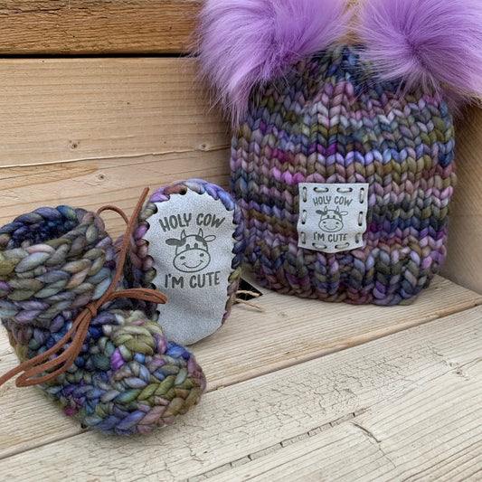 Baby Handknit Merino Wool Booties and Hat | 3-6 Months | Purple | Faux Suede Sole | Double Pom Pom | Baby Bootie | Baby Hat