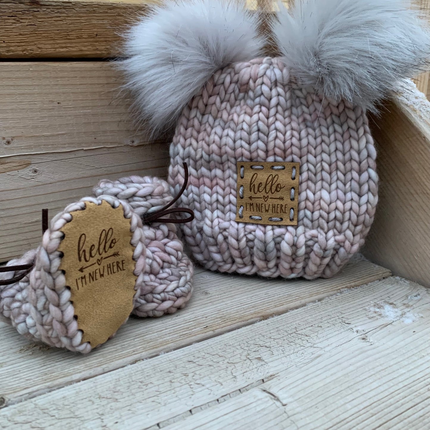 Baby Handknit Merino Wool Booties and Hat | 0-3 Months | Pink and Grey | Faux Suede Sole | Double Pom Pom | Baby Bootie | Baby Hat