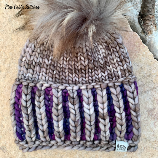Adult Handknit Merino Wool Hat |  Grey | Purple | Toque | Beanie